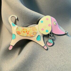 Dog Brooch Pastel Enamel Floral Inlay Whimsical 3"